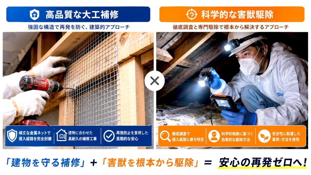 リフォーム技術の「ハウスプロテクト」 vs 駆除専門の「駆除ザウルス」